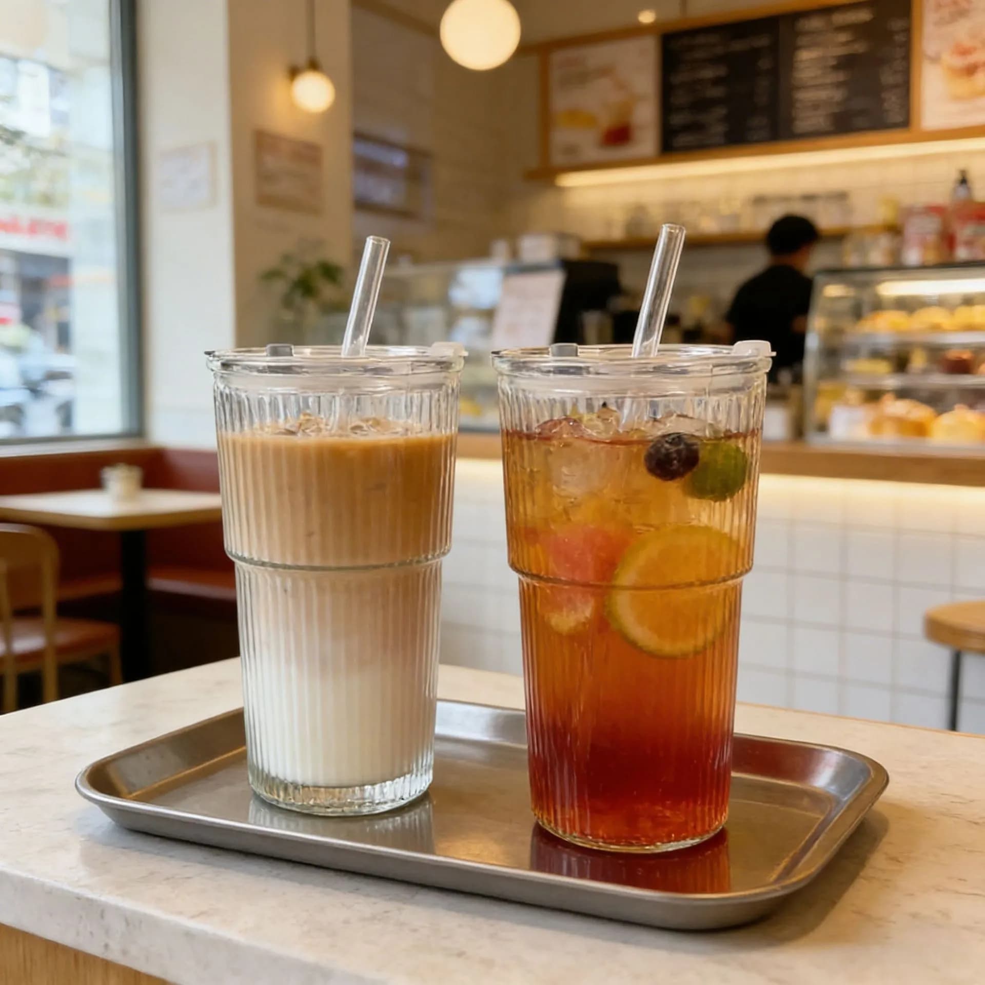 High-value coffee cup thickened with lid with straw vertical striped glass water cup large-capacity cup