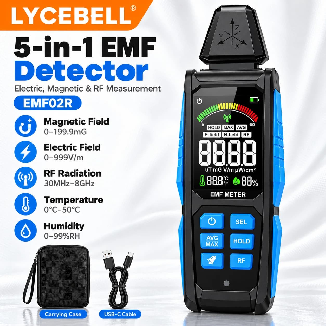 EMF Meter, 5-in-1 Electromagnetic Radiation Detector, RF 30MHz-8GHz, Electric & Magnetic Fields, Temperature & Humidity for Home