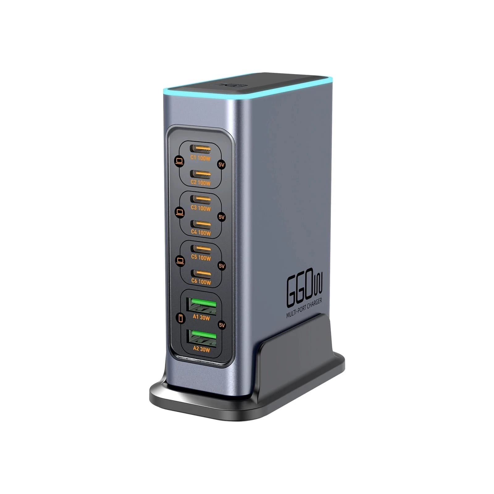 F8L 8-Port USB Multi-Port Charger Tower Colorful Lights Fast Charging for Mobile Phones/Tablets/Laptops Engine Core 1 Year