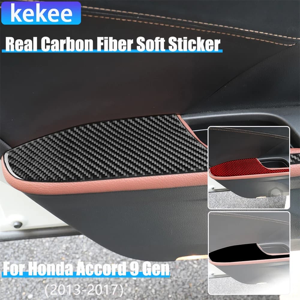 Real Carbon Fiber Car Accessories Door Armrest Decorative Panel Cover Soft Sticker For Honda Accord 9th Gen 2014 2015 2016 2017