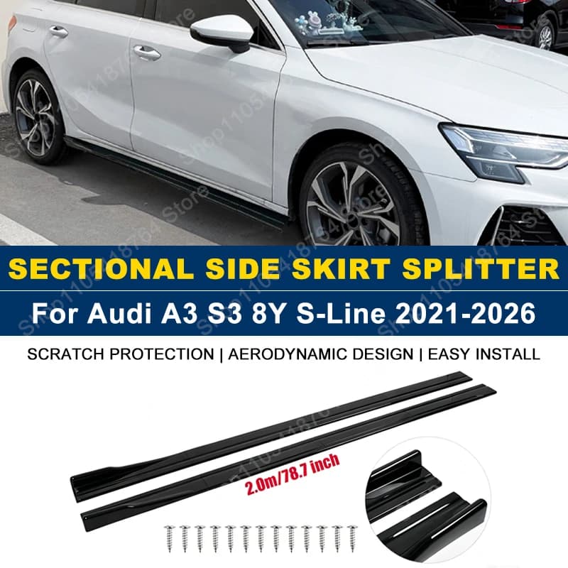 Side Skirts Extension Rocker Panel Splitter For Audi A3 S3 8Y S-Line 2021-2026 2M 78.7" ABS Plastic Car Exterior Tuning