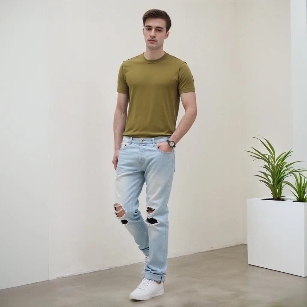 Men's Solid Color Short Sleeve T-Shirt 100% Cotton Drop Shoulder Casual Slim Fit Basic Top Fashion Fabric Package