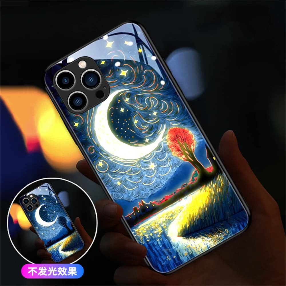 Oil Painting Design Sound Control Luminous Phone Case For iPhone Air 17 16 E 15 14 13 12 11 Pro Max XR XS Plus Led Glitter Cover