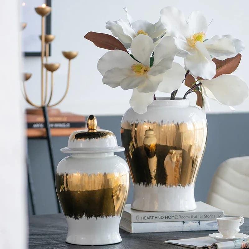 Luxury Gold Gilded Storage Jar Display Sample Room Decor Hotel Lobby Foyer Decoration Ceramic Crafts Luxury Decorative Storage