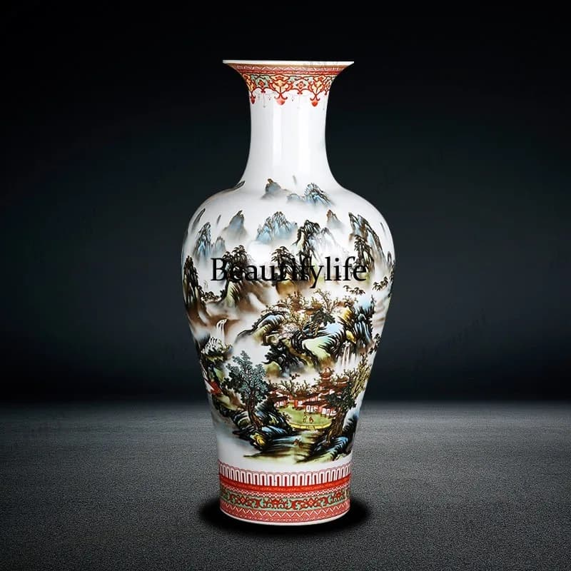 Jingdezhen Ceramics Landscape Home Furnishing Floor Large Vase Ornament Flower Arrangement Living Room Entrance Ornament