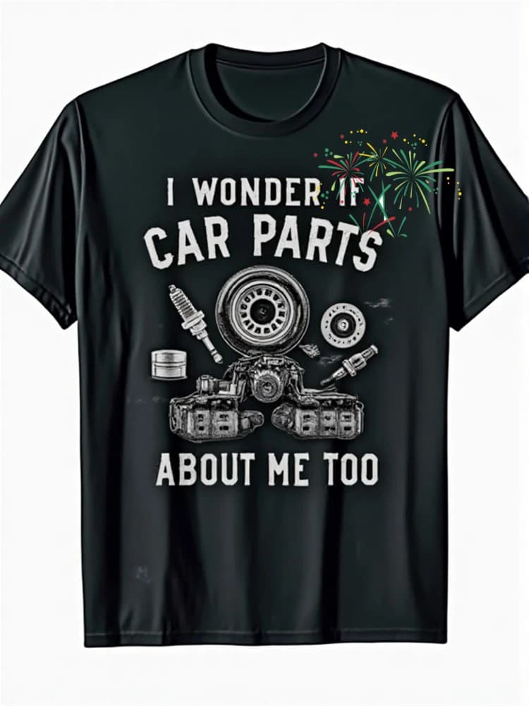 Funny Car Enthusiast with"I Wonder If Car Parts for About Me Too" Slogan&Engine Design-cotton O-neck printed men's T-shirt.