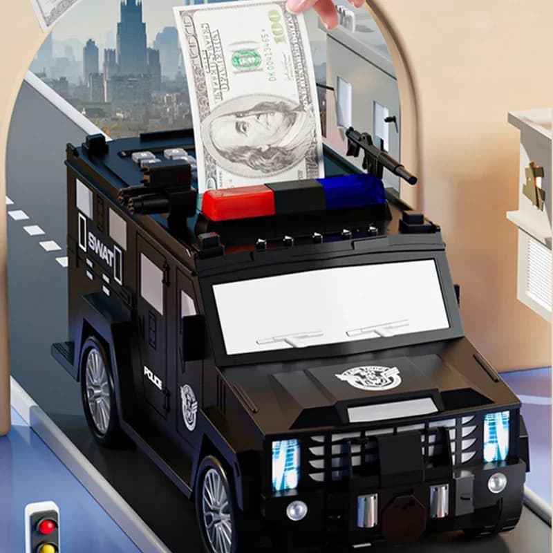 Police Cash Truck Piggy Bank, Itellegent ATM Machine, Real Police Car Children's Toy, with AK47 Gun, Light, Music, Coin Bank