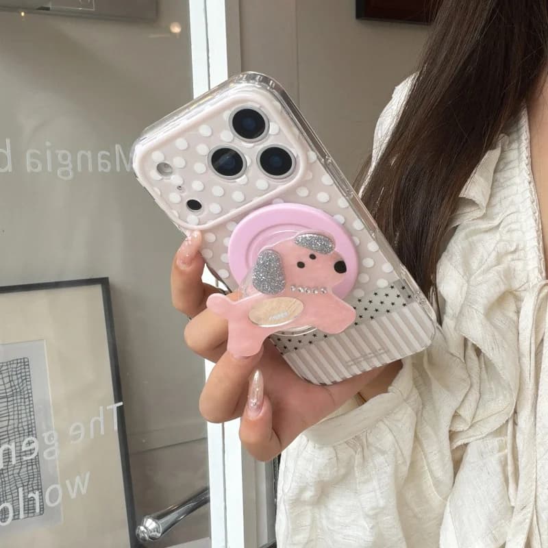 Korean Polka Dot Star Stripes Magnetic Phone Case For iPhone 17 Pro 16 15 Pro Max Cover with Cute Mirror Dog Stand Cartoon Funda