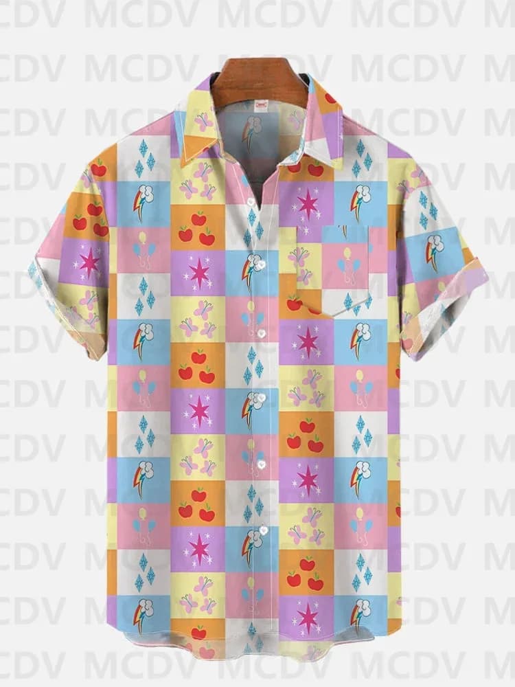 Geometric Shapes And Kitten Pattern Printed Men's  Short-Sleeved Shirt 3D Printed Hawaiian Shirts