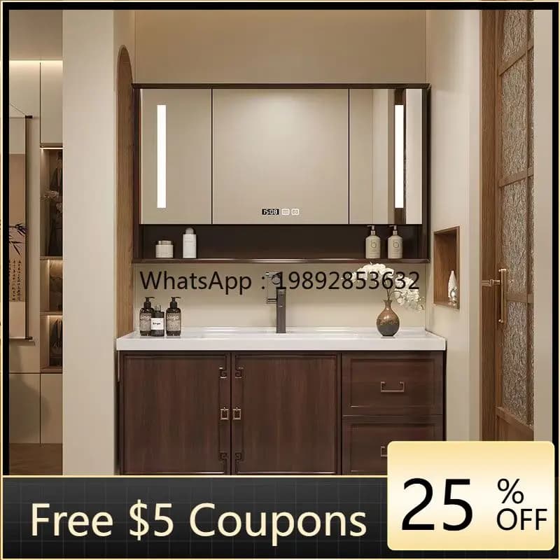 LYY Oak Vintage Style Simple Smart Bathroom Mirror Set Solid Wood Chinese Style Washbasin Gray