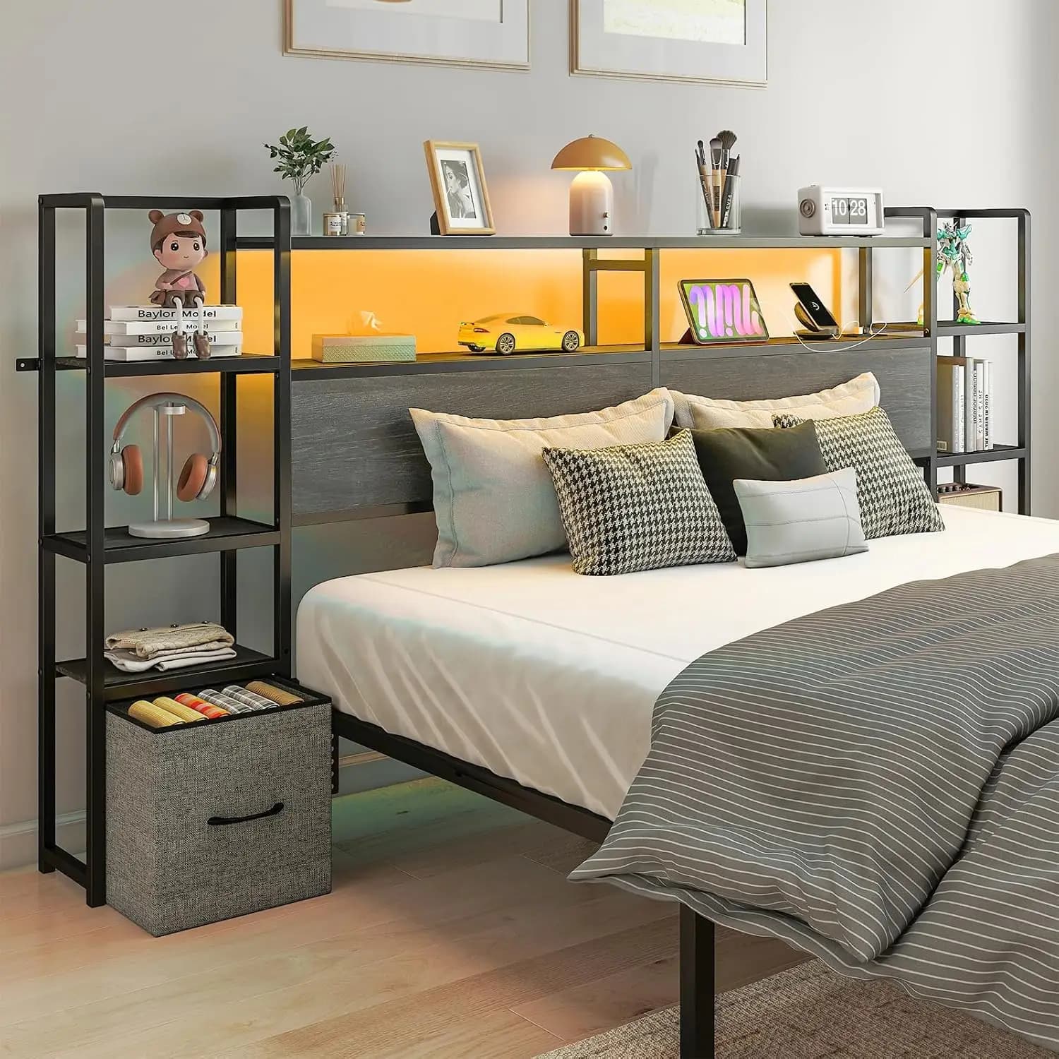 Queen Size Headboard with 3-Tier Storage Shelves & 2 Drawers, Customized