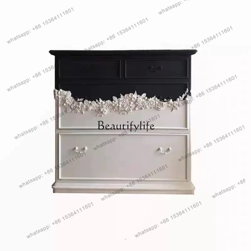 56French retro solid wood chest cabinet European light luxury engraved black and white double color decorative cabinet