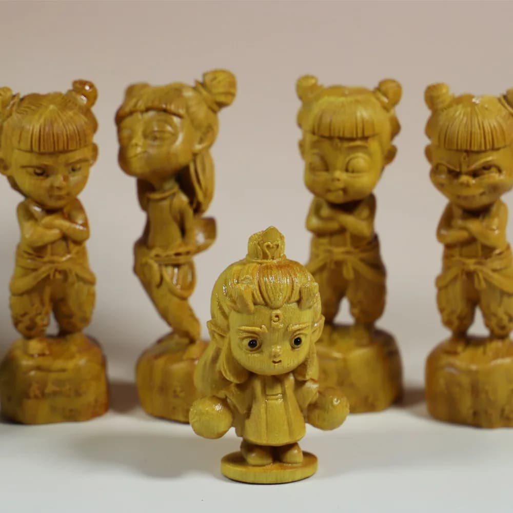 Golden Wood Carved Q Version Nezha Ao Bing Figurine Home Car Ornament New Chinese Style Decor Craft Gift Accessory