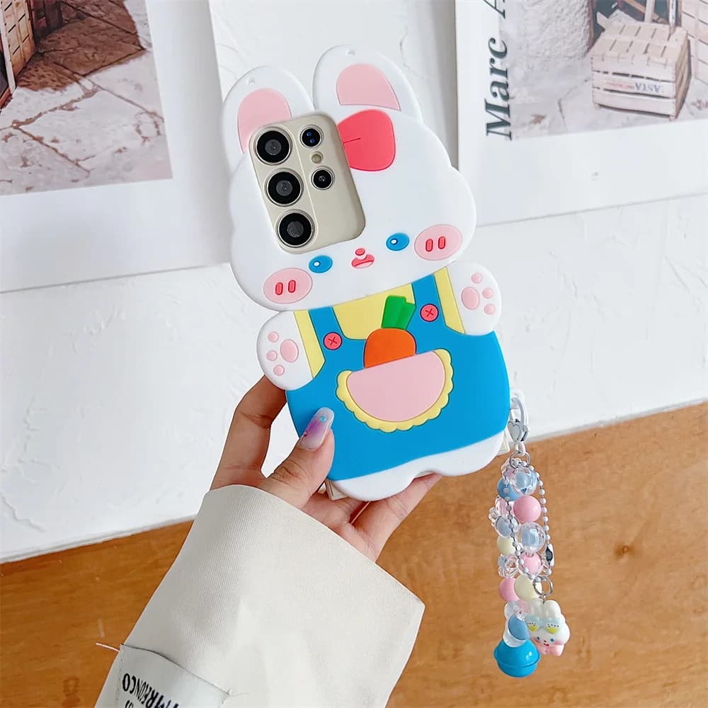 Cute Carrot Bunny Bell Bead Chain Phone Case for S26 Ultra Crossbody Strap Silicone Cover for SamSung Galaxy S25 S24 S23 A57
