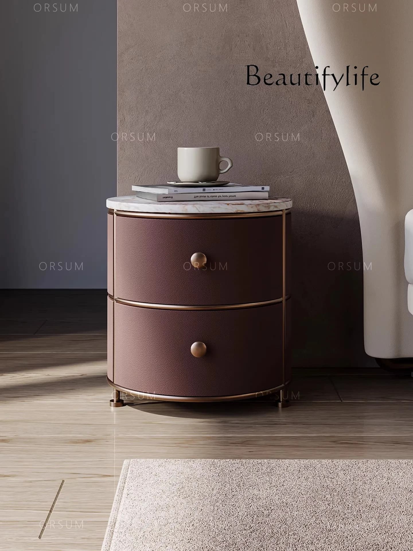 Designer Simple Modern Leather Marble Round Storage Marble Bedside Table Premium