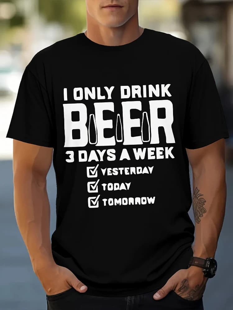 Summer leisure beer printed round neck T-shirt-100% cotton, conventional tailoring, outdoor personalized top.