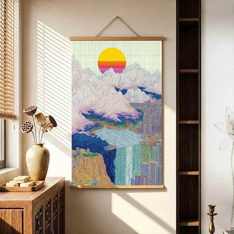 Wall Decorations Red Sun above Layered Oriental Mountains, Chinese Modern Pearlescent Canvas Hanging Scroll for Meditation Room
