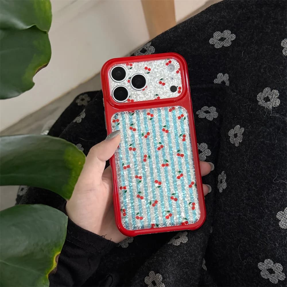 Korea Fashion Ins Full Cherries Phone Case For iPhone 18 Pro 17 16 15 Pro Max Back Cover Shockproof Cute Cases 18Promax Glitter