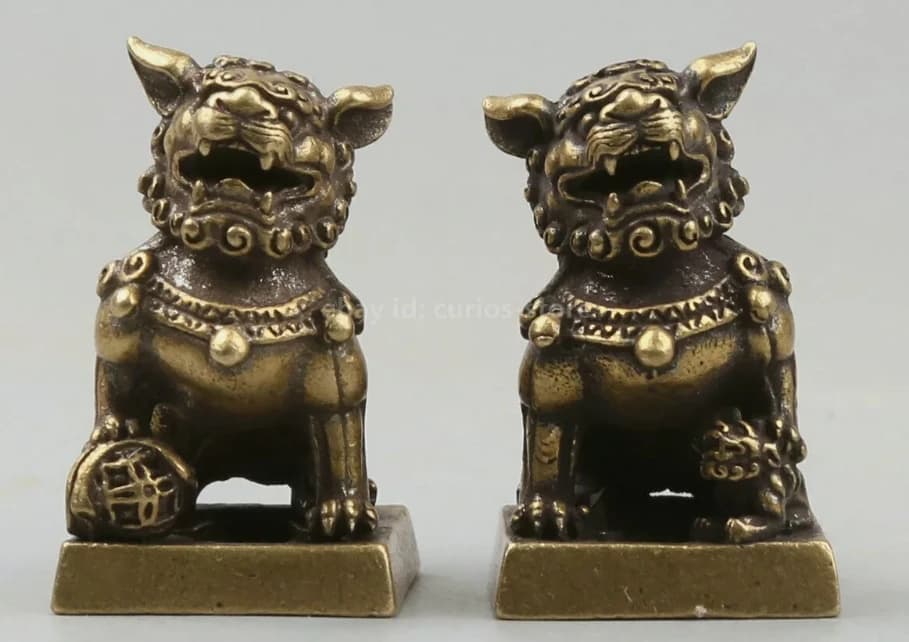 31MM Chinese Bronze Foo Fu Dog Guardion Lion Pair Small Seal Signet Statue 24139