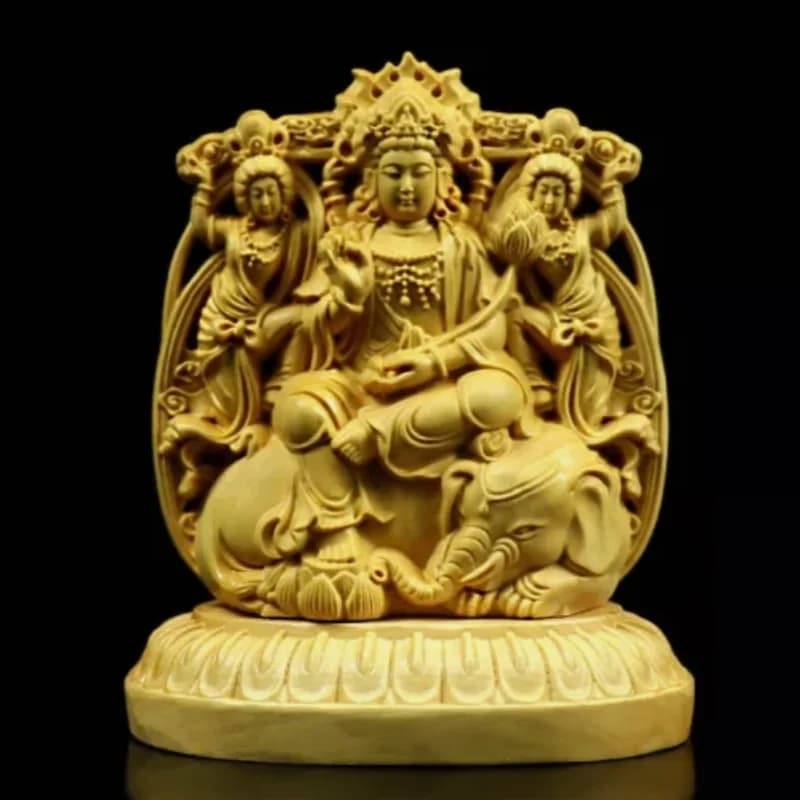 Natural Boxwood Wood Hand Carved Puxian Samantabhadra Elephant Goddess Buddha