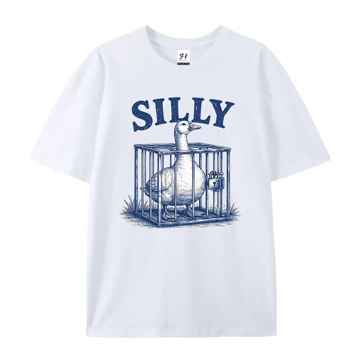 Got Too Silly Goose Graphic T‑Shirt Vintage Retro Blue Sketch Funny Meme Locked‑In Cage Goose Casual Unisex Short Sleeve Tees
