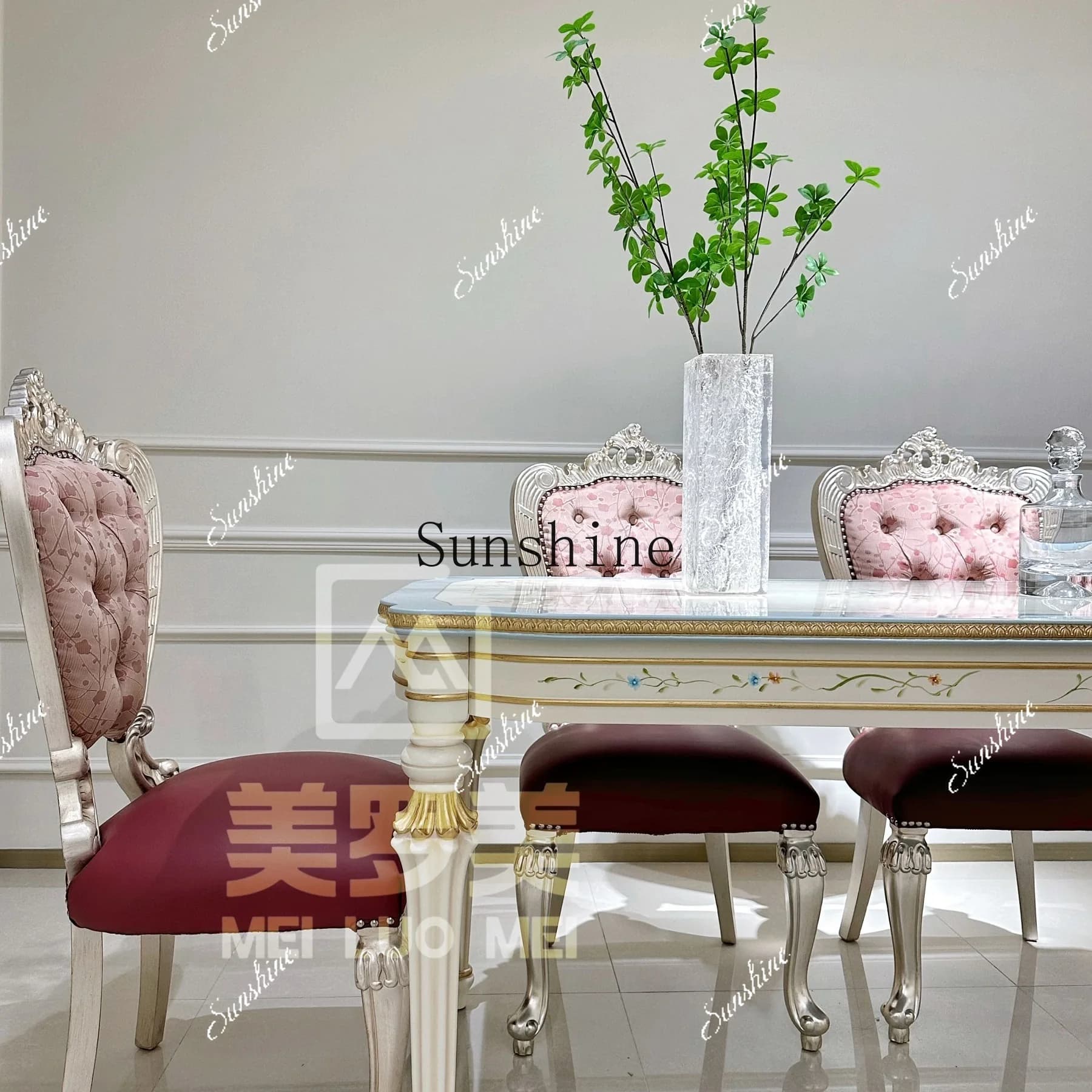 French solid wood dining table and chairs carved and painted luxury villa rectangular simple and modern  FT