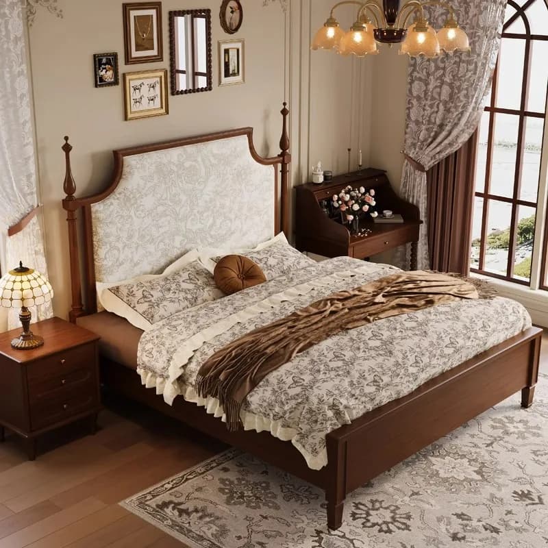 Solid wood double master bed high-end walnut color
