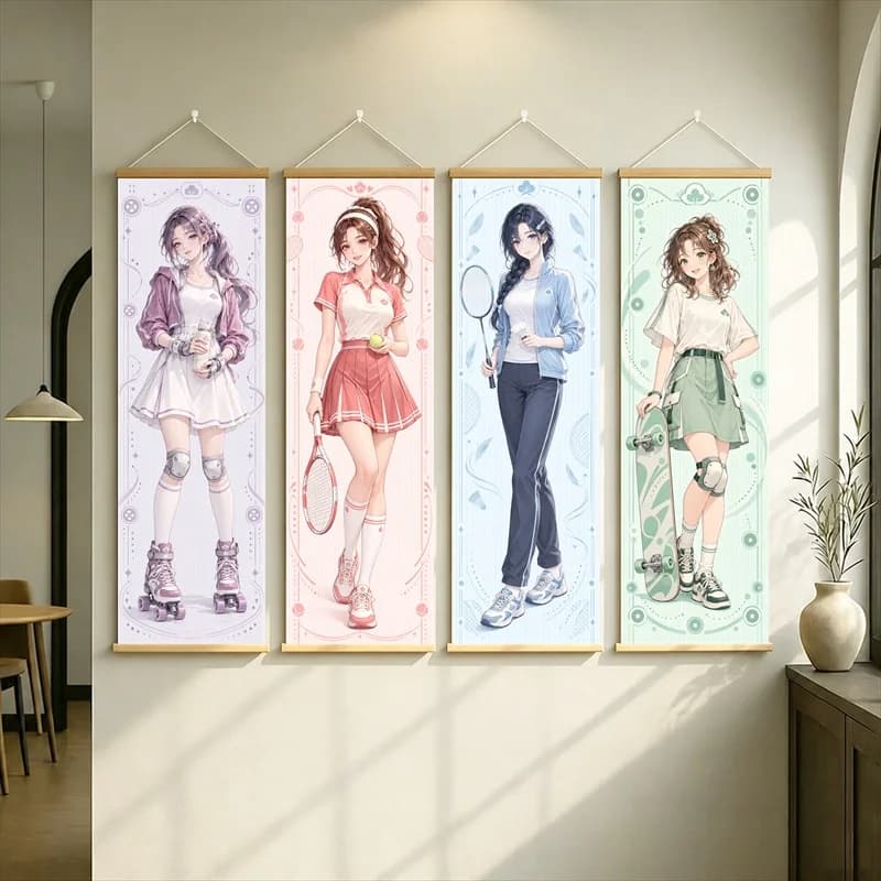 Anime Girls in Sporty Outfits Hanging Scroll with Pastel Floral Borders and Playful Fashion Illustration for a Bedroom