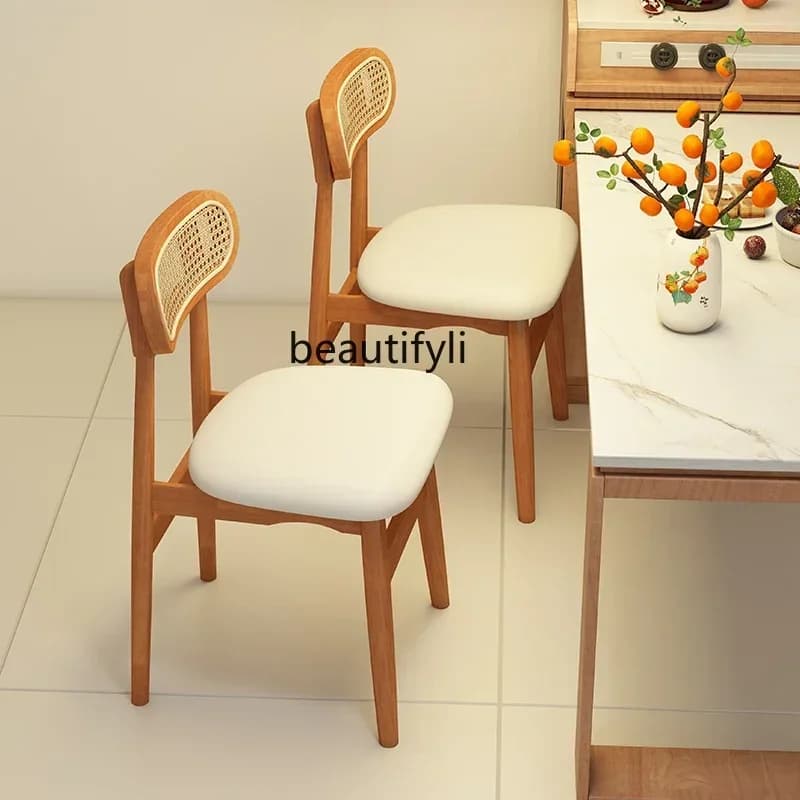 Q181  Nordic Solid Wood Rattan Dining Chair Home Hotel Dining Chair Backrest Cream Style Dining Chair Modern Bedroom