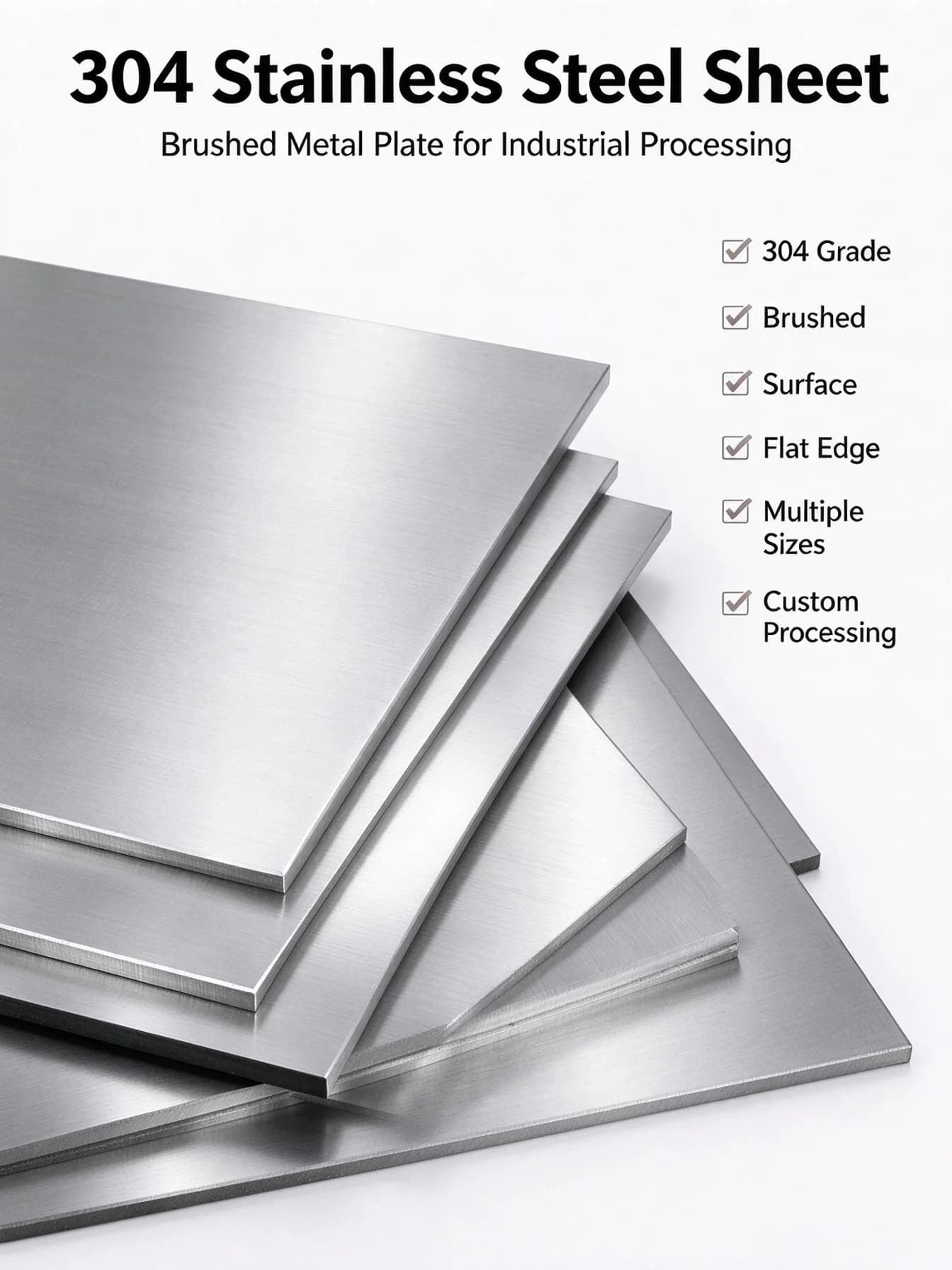 304 Stainless Steel Sheet Plate, 1mm to 5mm Thickness, Brushed Surface, Custom Cutting Machining, High Precision Metal for Machi