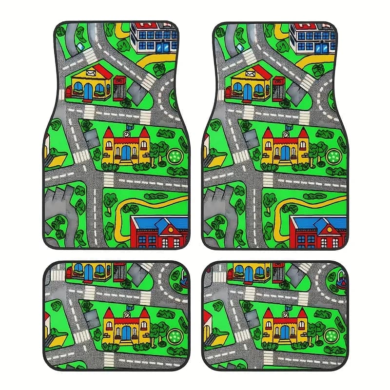 90S Retro Racing Polyester Car Mats - City Color Block, Stylish Interior Protection, All-Weather, Fits Sedans/SUVs/Coupes
