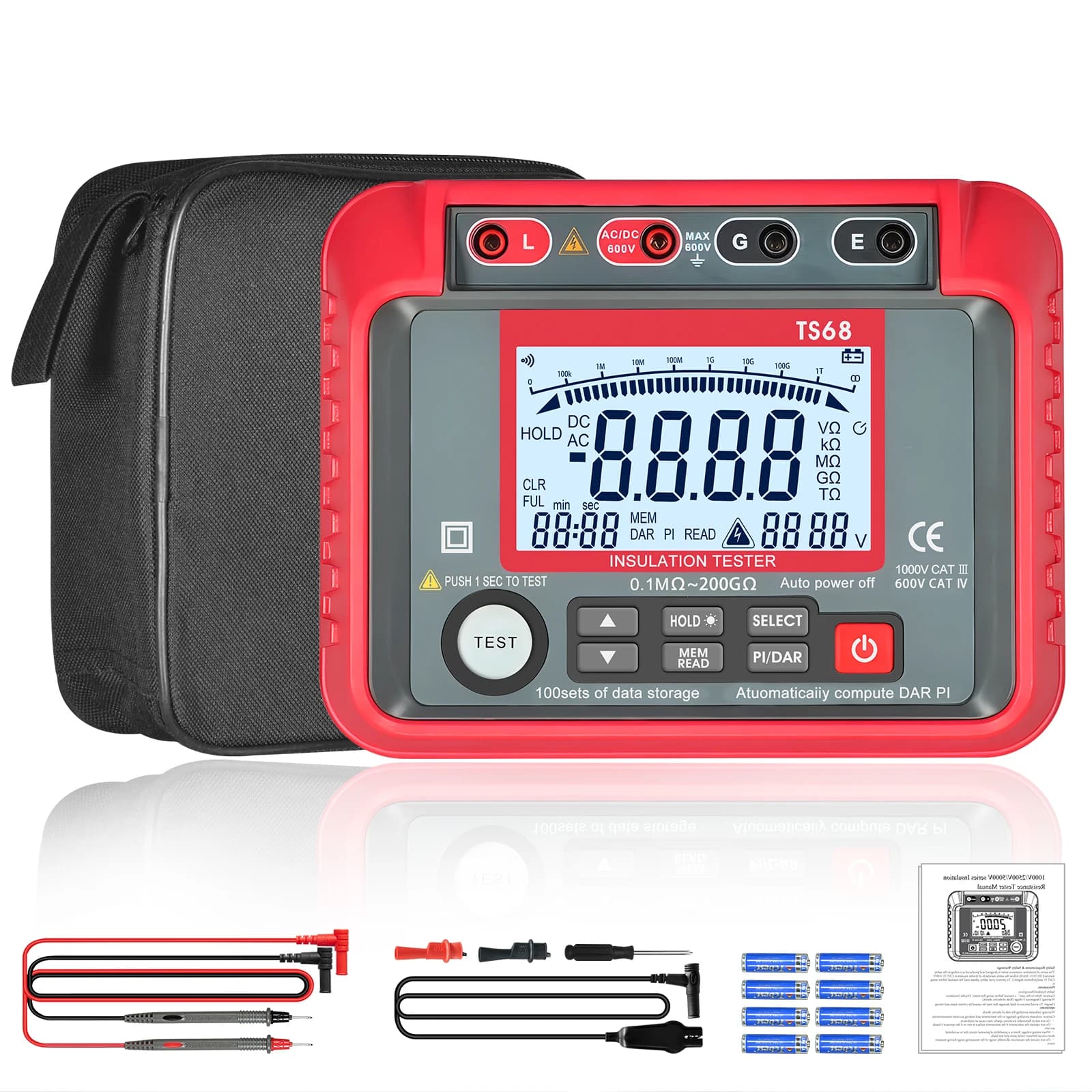 2500V Digital Insulation Resistance Tester Megohmmeter 200GΩ PI DAR AC/DC Voltage Meter for Motor Cable Transformer Maintenance
