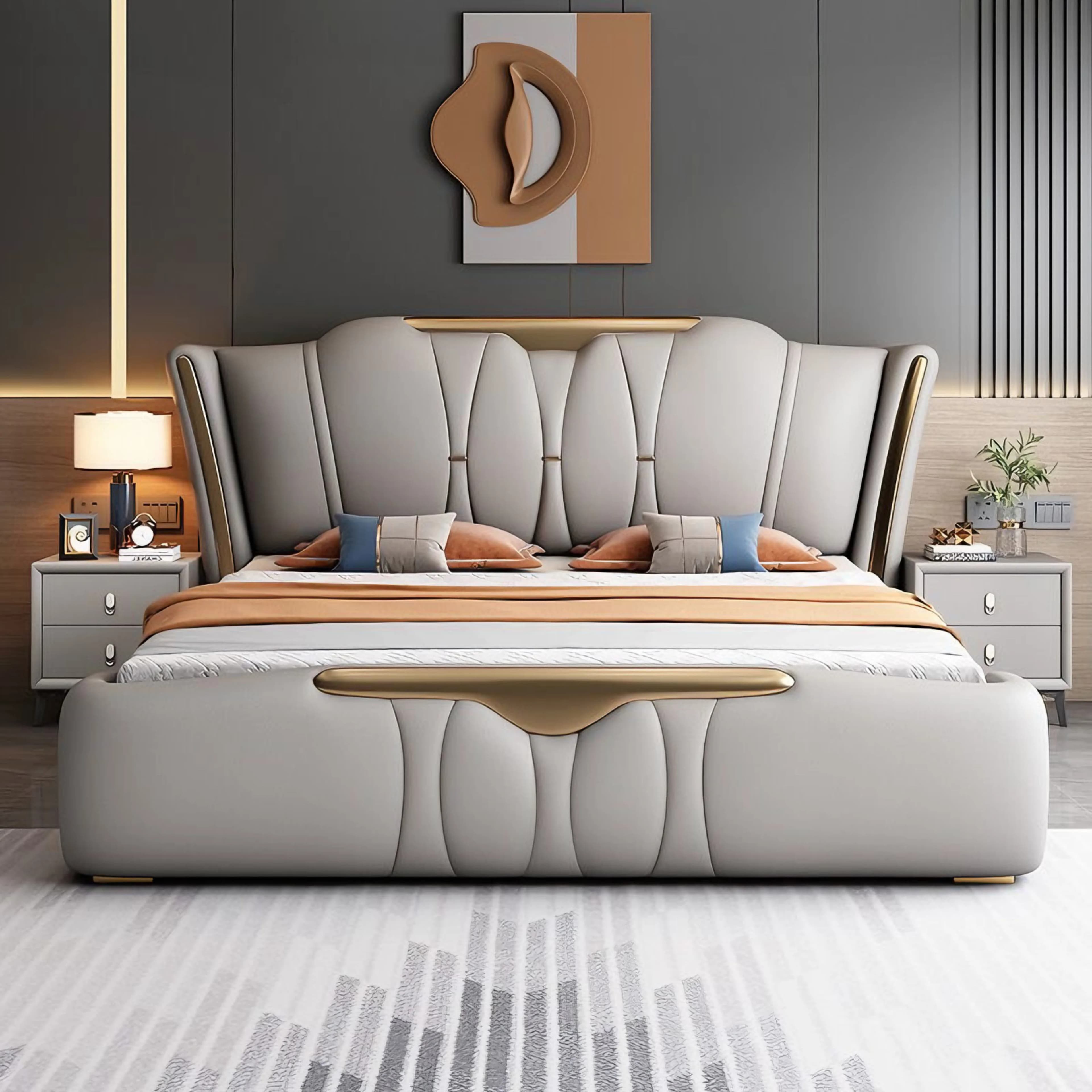 #Italian Luxury-Style King-Size Double Bed with Soft Comfortable Leather Upholstery Storage Pine Wood Frame E0 Level
