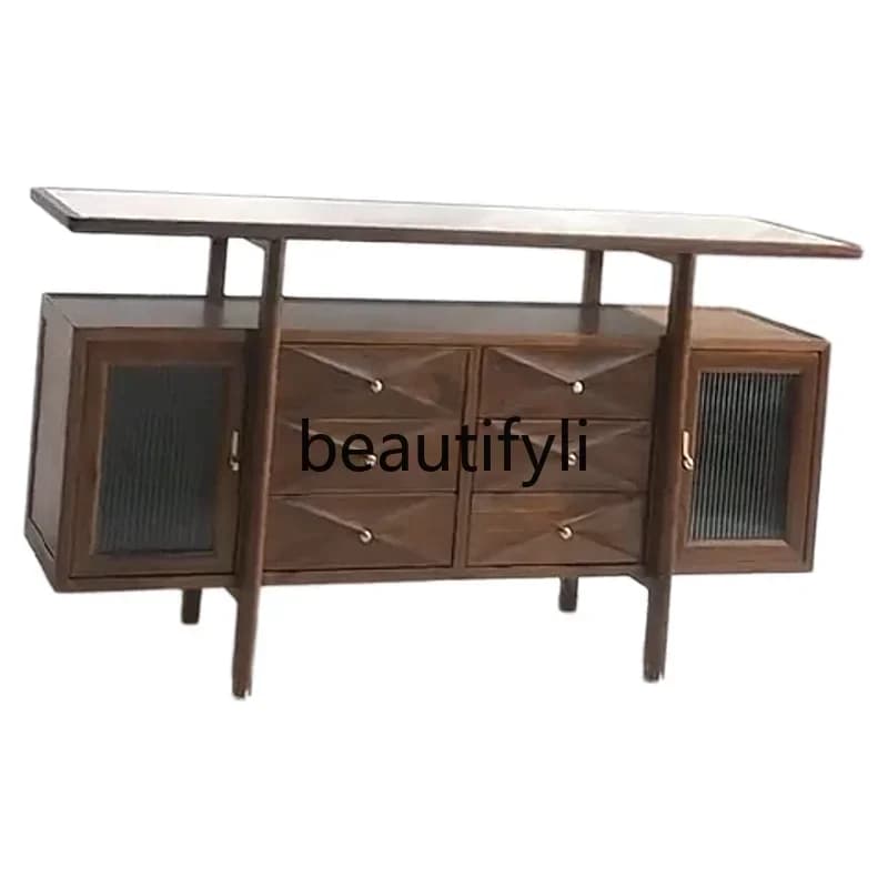 zqxNew Chinese black walnut solid wood dining side cabinet, living room locker, high-end entrance cabinet