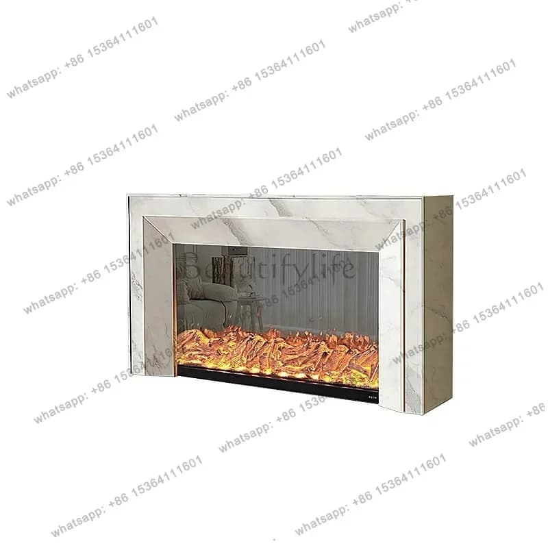 LSEW European Style Electric Fireplace TV Stand with Simulated Flame Heating, Luxury Faux Marble Console Cabinet for Living Room