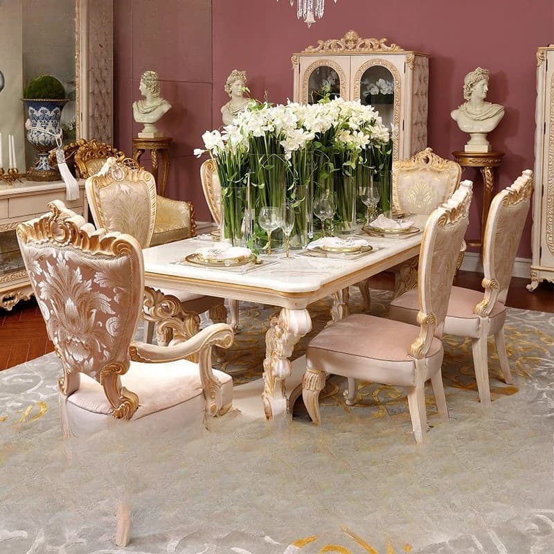 Dining room furniture, solid wood carving table, natural marble rectangular dining table and chair combination