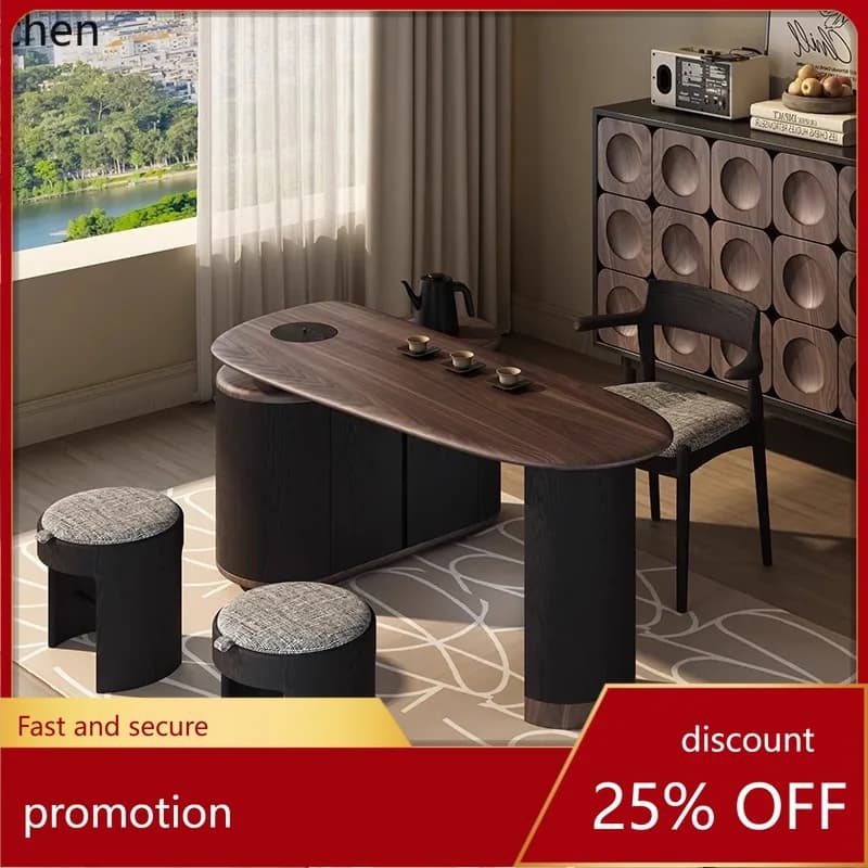 HXL Tea Table Black Walnut Solid Wood Rotatable Living Room Office Multi-use Tea Table