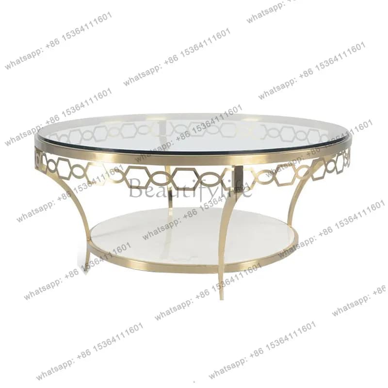 American light luxury round stainless steel glass coffee table metal hollow carved coffee table
