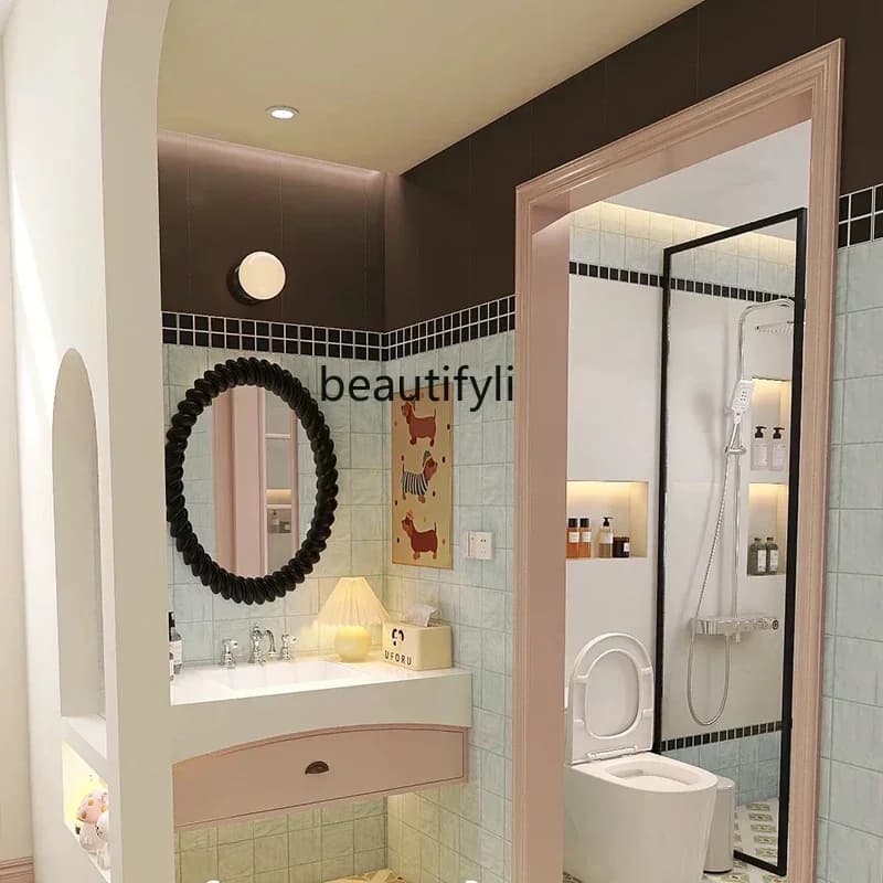 3523Pink Bathroom Cabinet Combination French Retro Bathroom Cabinet Stone Plate Washbasin Oak PaintSSS