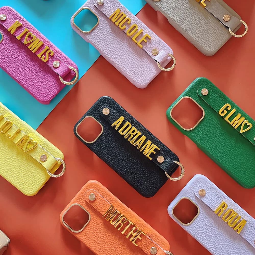 Personalization Custom Metal Name Letter Holding Strap Leather Phone Case For iPhone 16 14Pro 15Pro 13Pro Max 12 Pro Max Cover