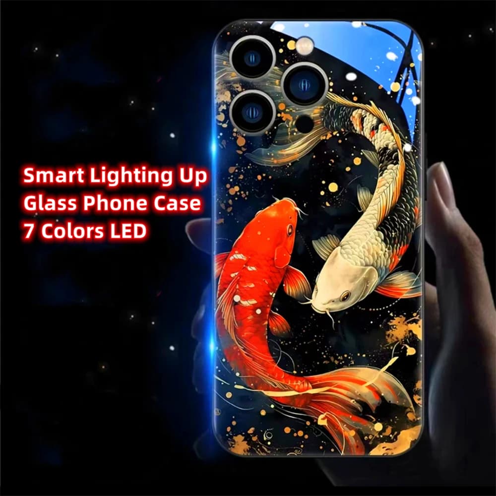 Chinese Koi Fish Smart LED Light Glow Tempered Glass Phone Case For Huawei Nova 14 13 12 11 10 9 8 7 Pro Ultra