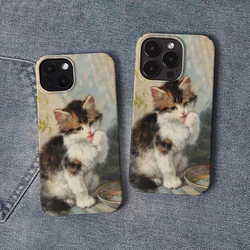 Ins Korean Green Oil Painting Cat Cartoon Case for IPhone 16 15 14 13 Pro Max 12 Mini 11 Pro 16 Plus Shockproof Ultra Thin Cover
