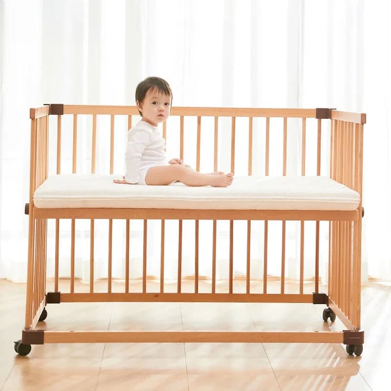 Crib Multifunctional Roller Adjustable High and Low, Splicing Bed, Beech Pine Birch Solid Wood