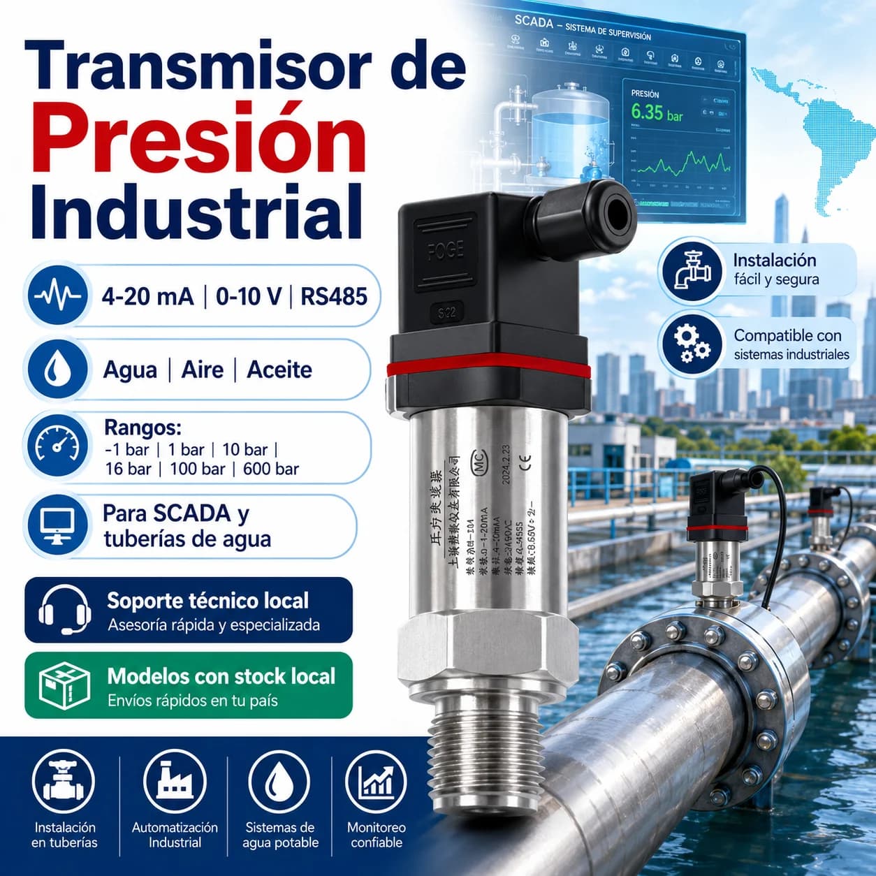 Industrial Pressure Sensor 4-20mA 0-16 Bar 24VDC G1/4 1/4NPT for Pump and Compressor Water Gas Air Oil Pressure Transmitter