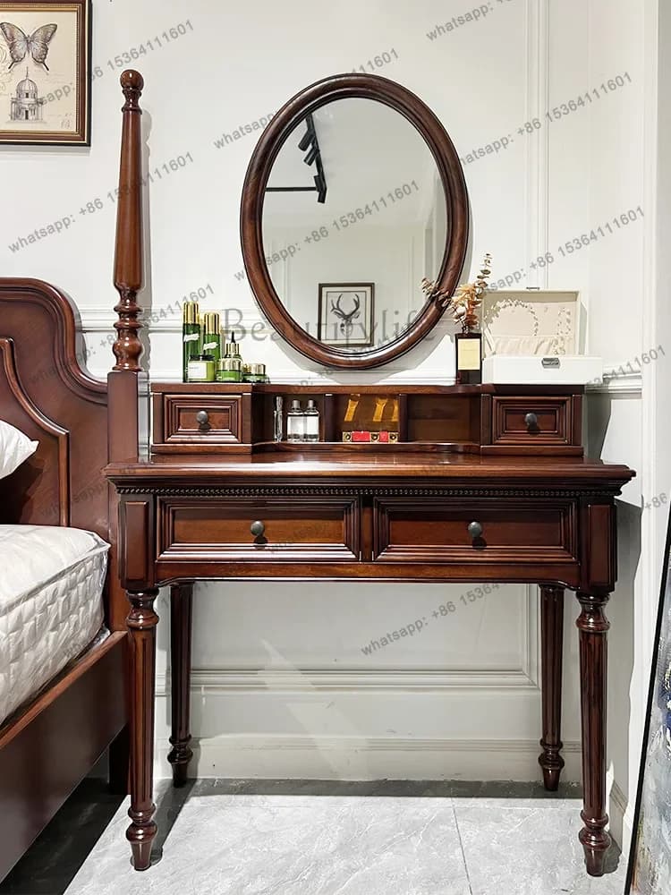 FG40American neoclassical gold silk teak all solid wood dresser multi-functional storage makeup table mirror