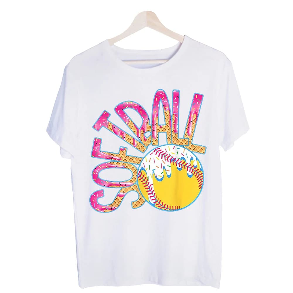 Women's Softball Ice Cream Cone Graphic Tee, Short Sleeve Crew Neck T-Shirt for Summer Casual Outfits