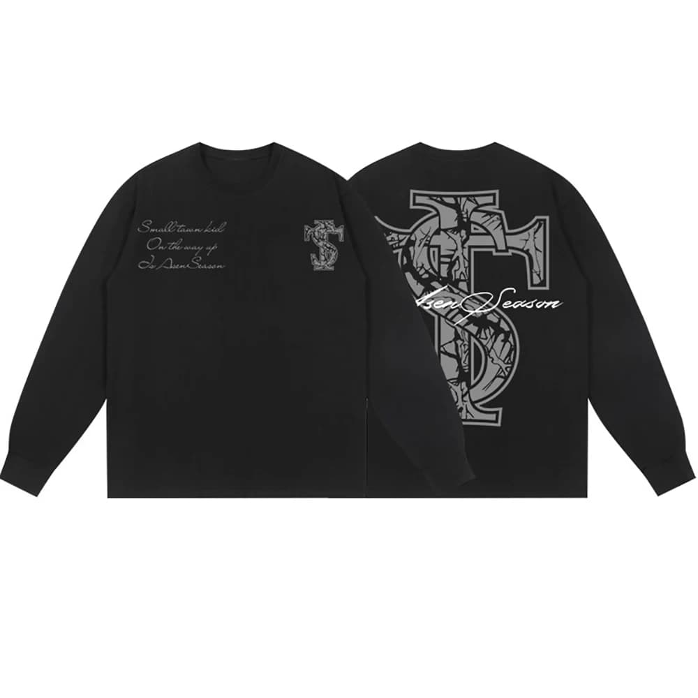 STKSmallTownKid Thorn Hollow Long Sleeve Round Neck T-shirt Trendy Casual Street Hip Hop Rap Tees
