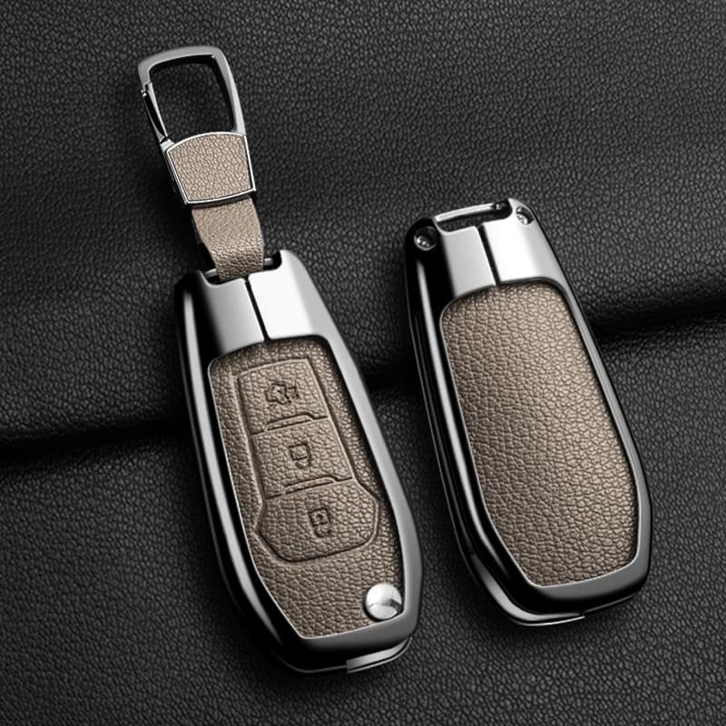 Metal Leather Flip Remote Fob Car Key Case Cover Holder Shell for Ford F-150 F-250 F-350 Explorer Ranger KA Fiesta EcoSport
