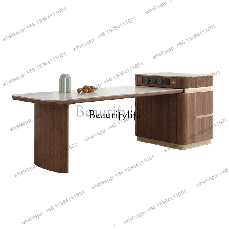 FGDining table integrated travertine rock slab black walnut wood grain light luxury retractable