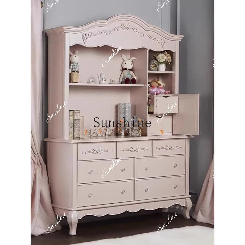 Solid wood French chest display cabinet carved pink storage rack   FT